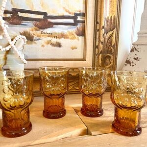 Vintage Set Of Four Country Garden Flower Libbey Amber Glass Mini Juice Cups